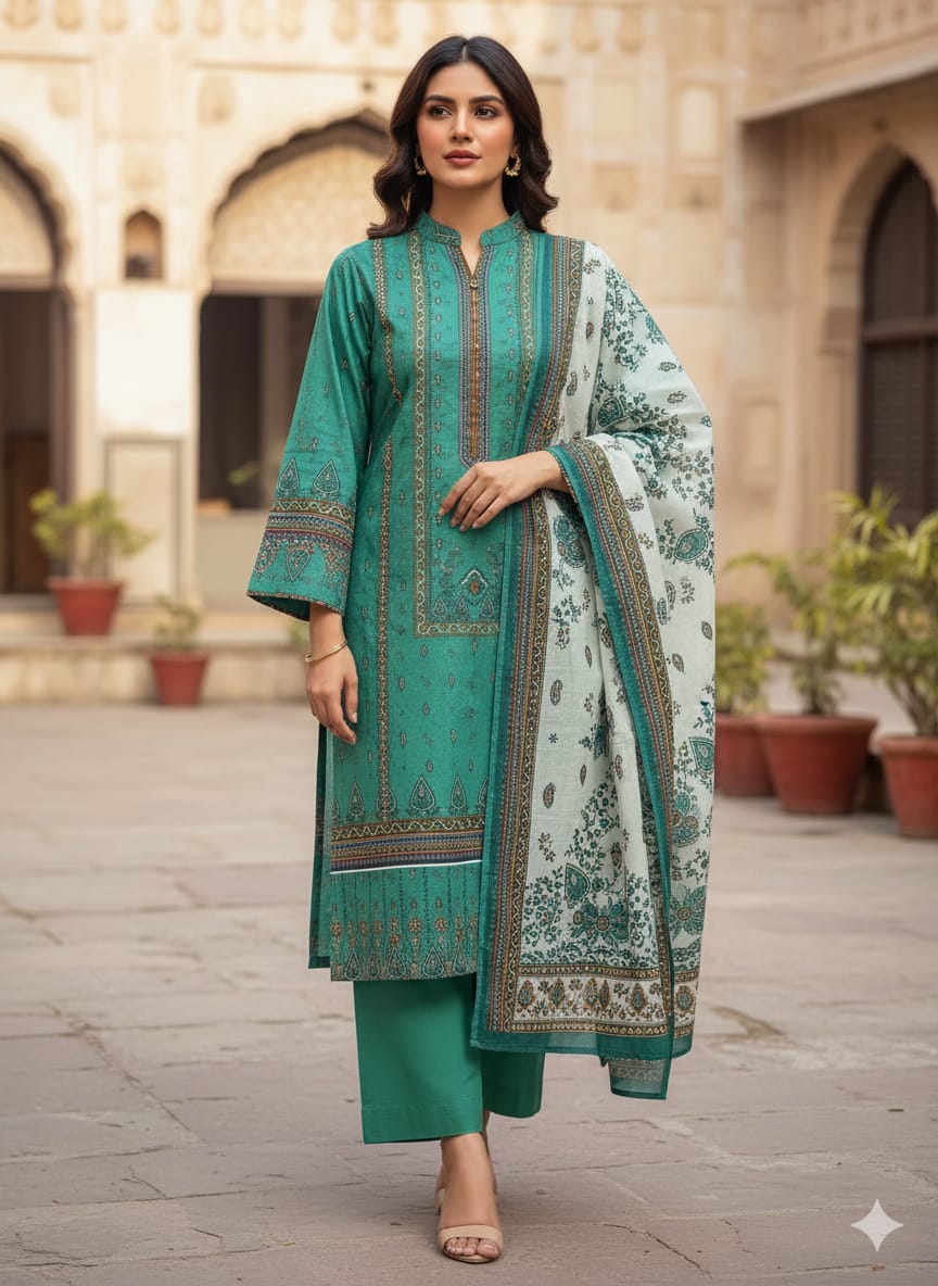 3 Piece Sapphire Bana Linen Doria Set - Green Leafy Design Wala