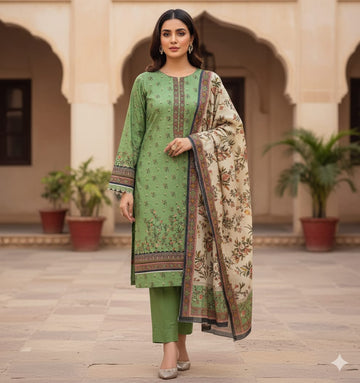 Unstitched 3-Piece Linen Suit with Galaa Dabaan Work | Premium Doria Suit Set for Ladies